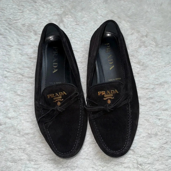 New Prada Black Suede Loafers Driving Leather Authentic Genuine Shoes Gold Logo - Picture 2 of 5